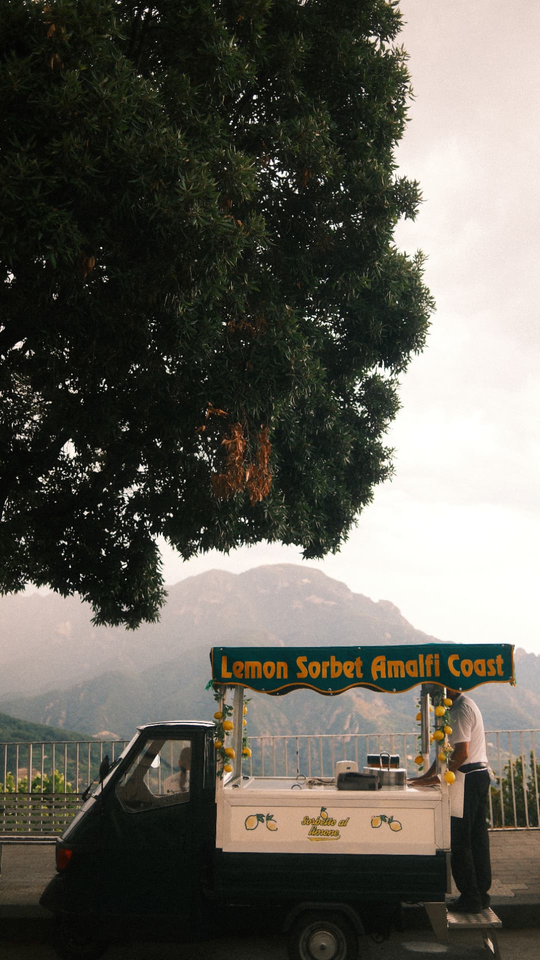 Lemon sorbet cart parked under a tree above the Amalfi Coast mountains