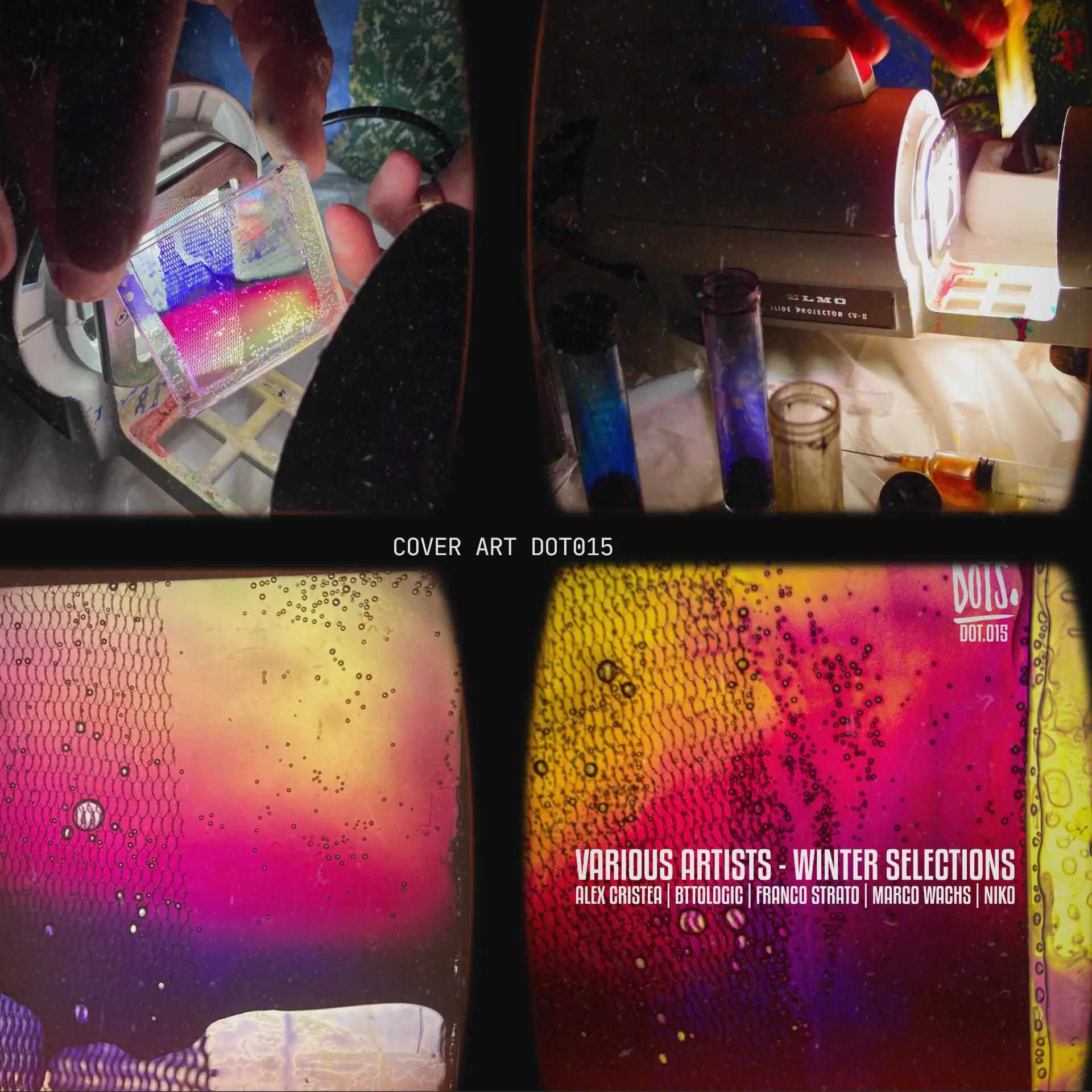 Cover art process for DOT015 — retro slide projector with a mesh-pattern slide and close-ups of yellow, orange and pink liquids through a honeycomb mesh