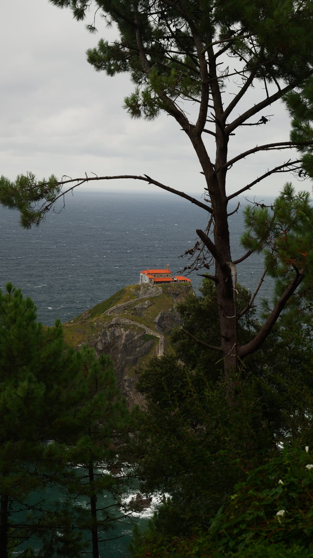 Orange-roofed hermitage on a rocky islet seen through pine branches