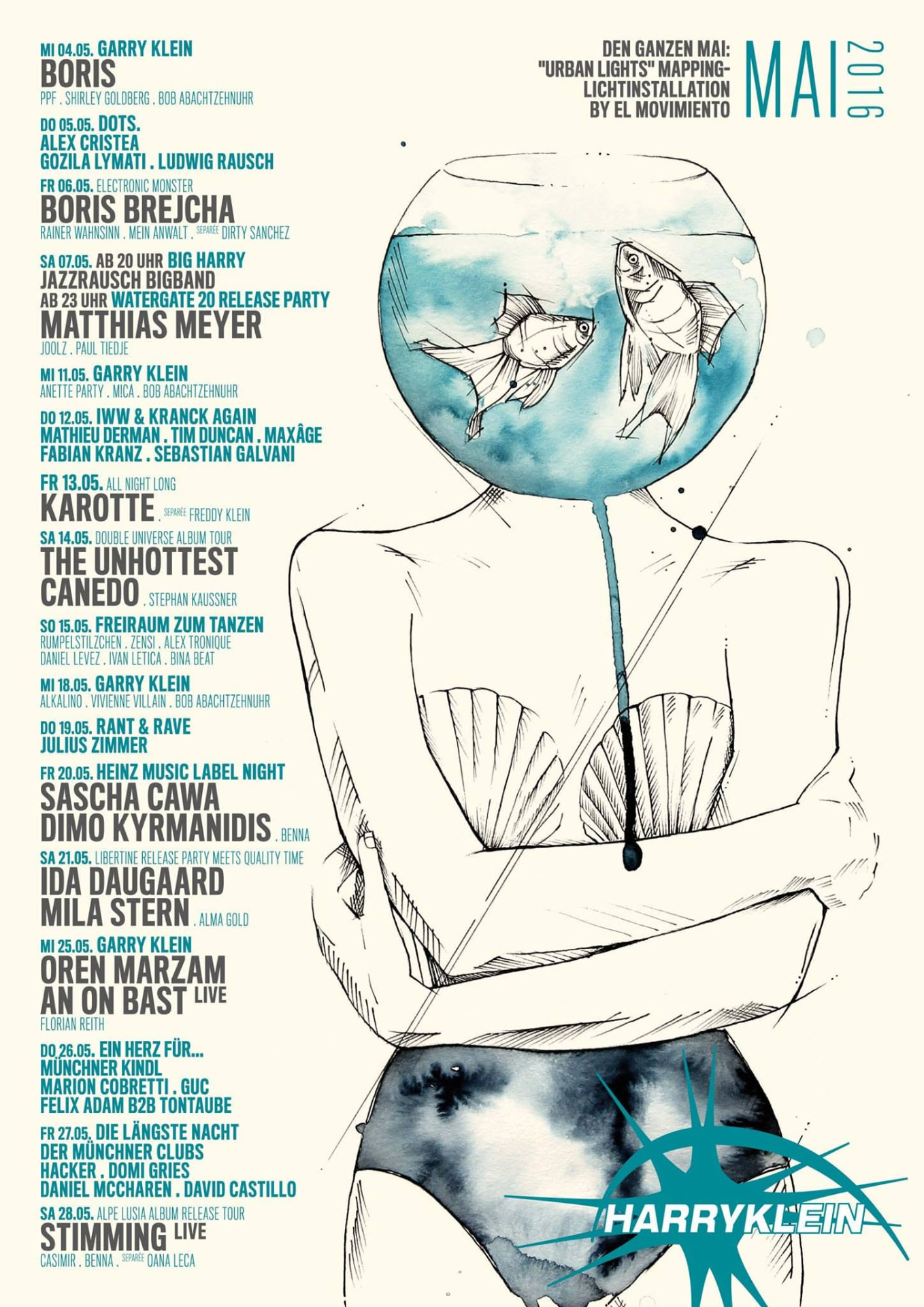 Harry Klein May 2016 programme poster — fishbowl illustration and DOTS. with Alex Cristea