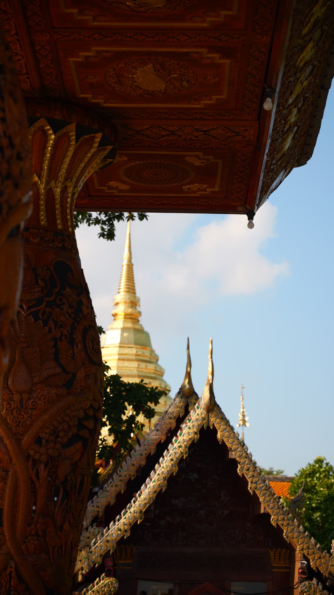 Carved temple column and gilded roofline detail