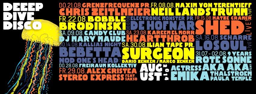 Deep Dive Disco August programme flyer — 9 Years Rote Sonne, Alex Cristea on 29 August