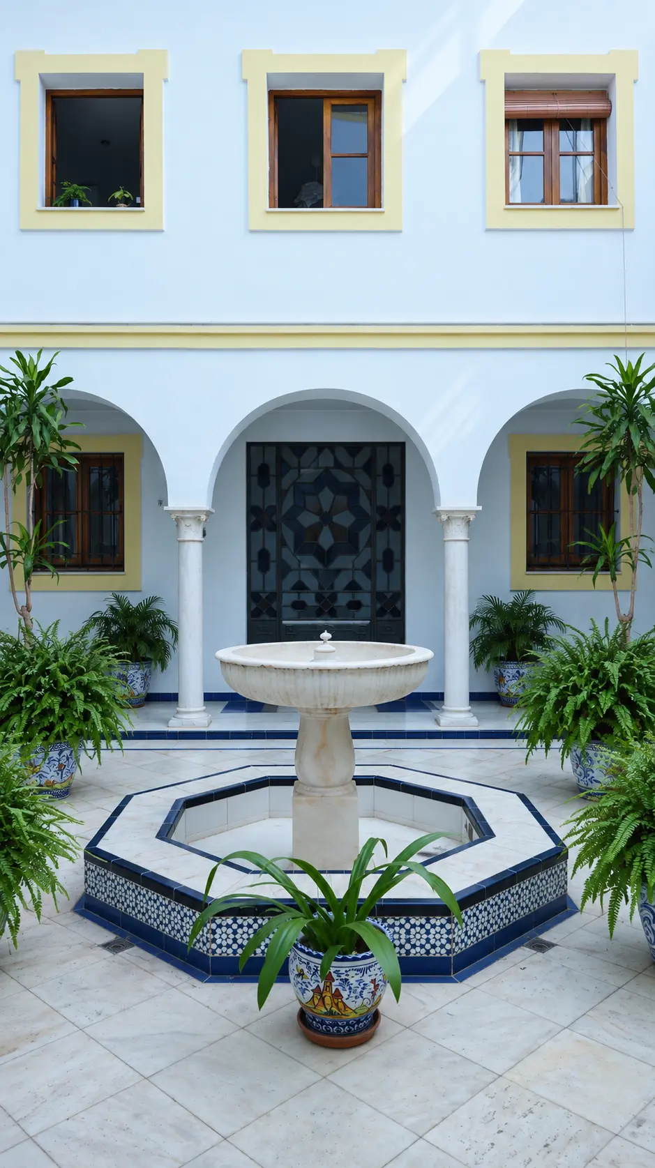 Sevillian courtyard with arched galleries around a marble fountain