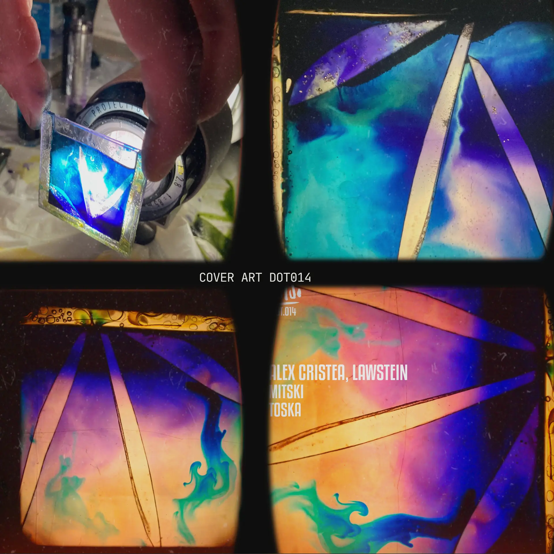 Cover art process for DOT014 — hand holding a glass slide over a projector lens with angular rays through blue, teal and orange liquids