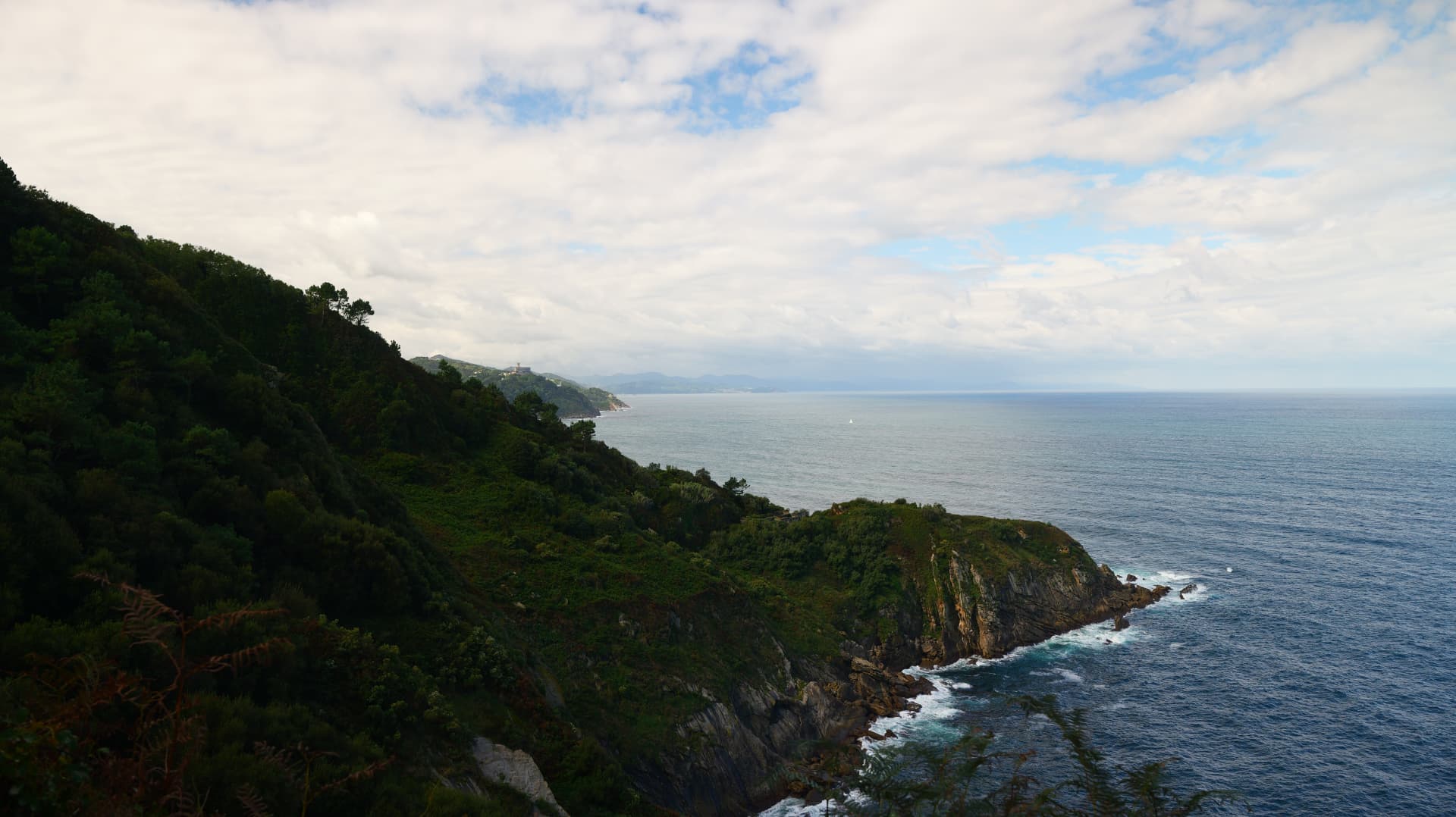Wooded headland dropping to the Atlantic under a cloudy sky near San Sebastián
