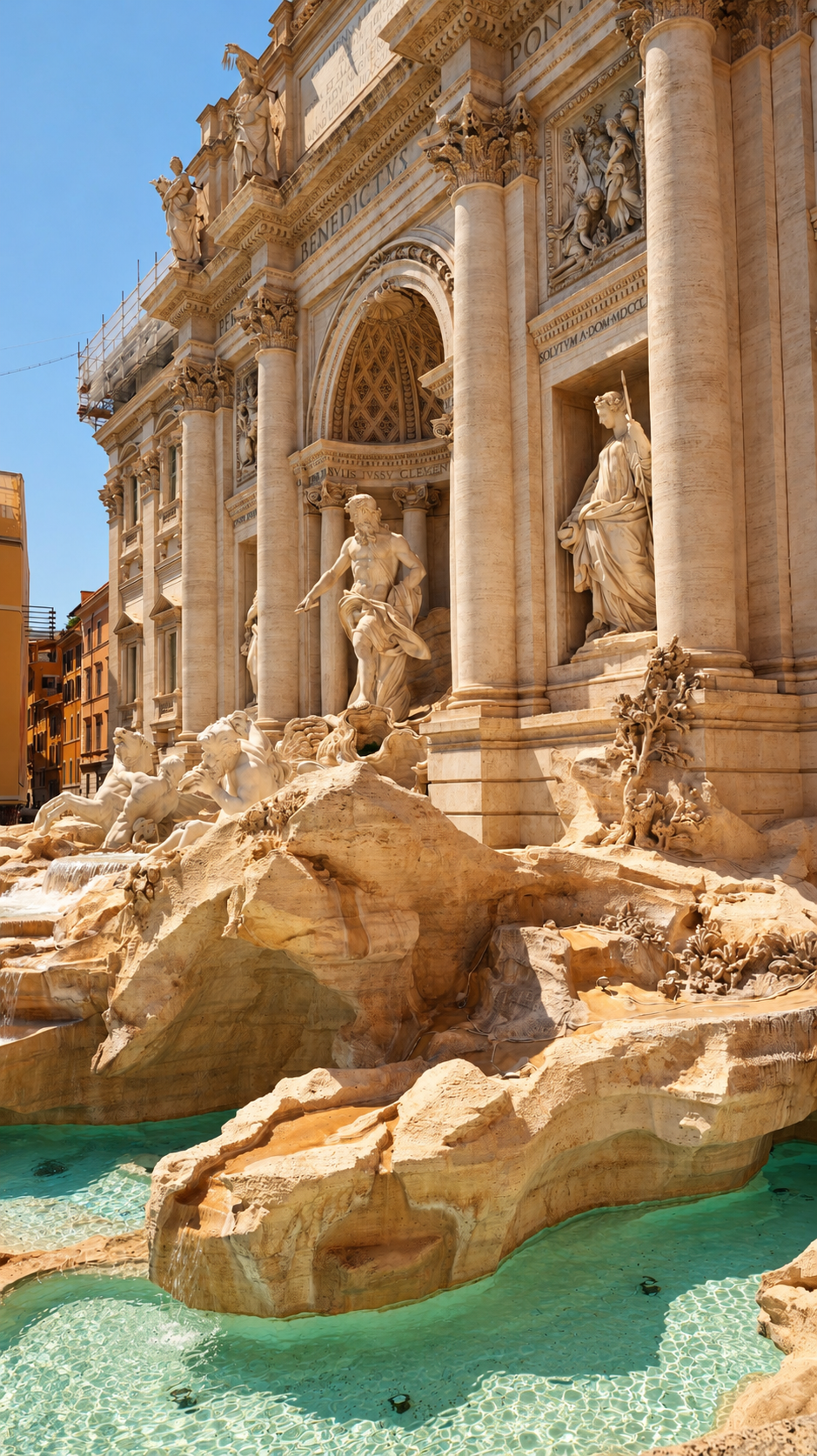 Trevi Fountain sculptures and turquoise water in bright Roman sunlight
