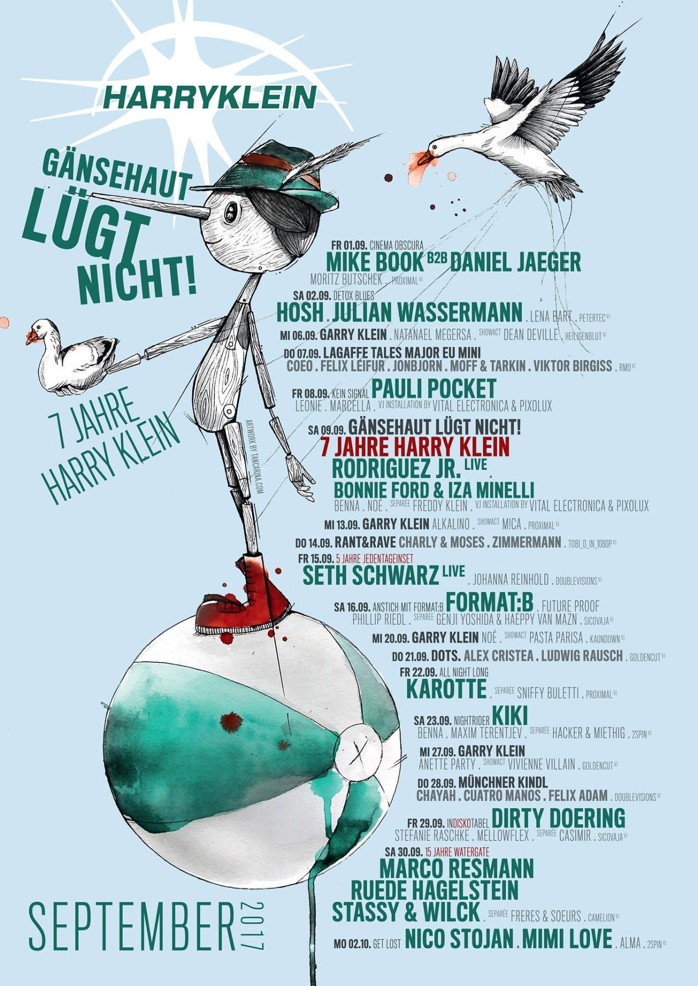 Harry Klein September 2017 programme poster — 7 Jahre Harry Klein, DOTS. with Alex Cristea and Ludwig Rausch