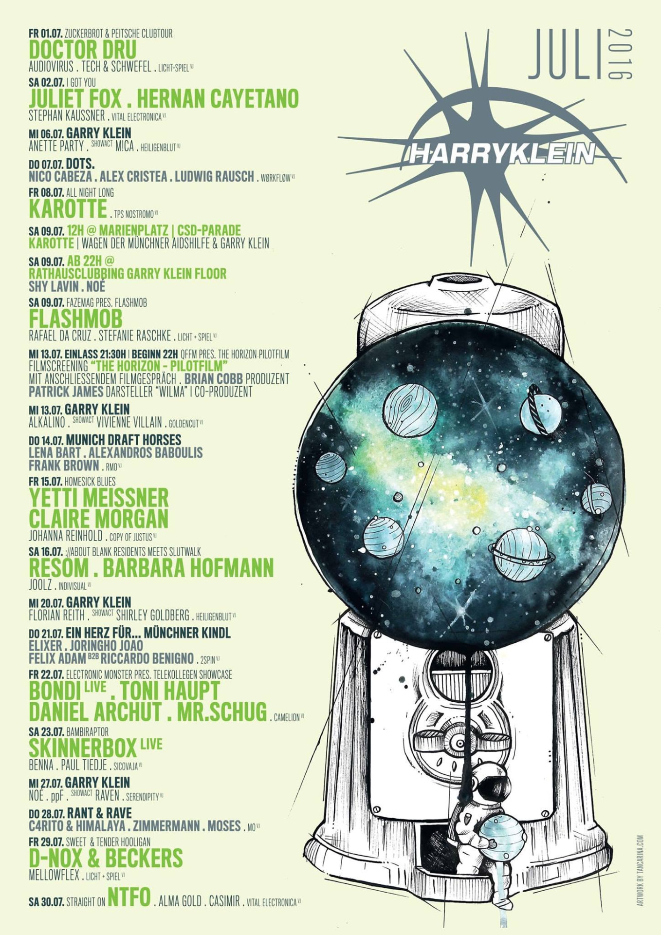 Harry Klein July 2016 programme poster — illustrated cosmic gumball machine and DOTS. with Alex Cristea