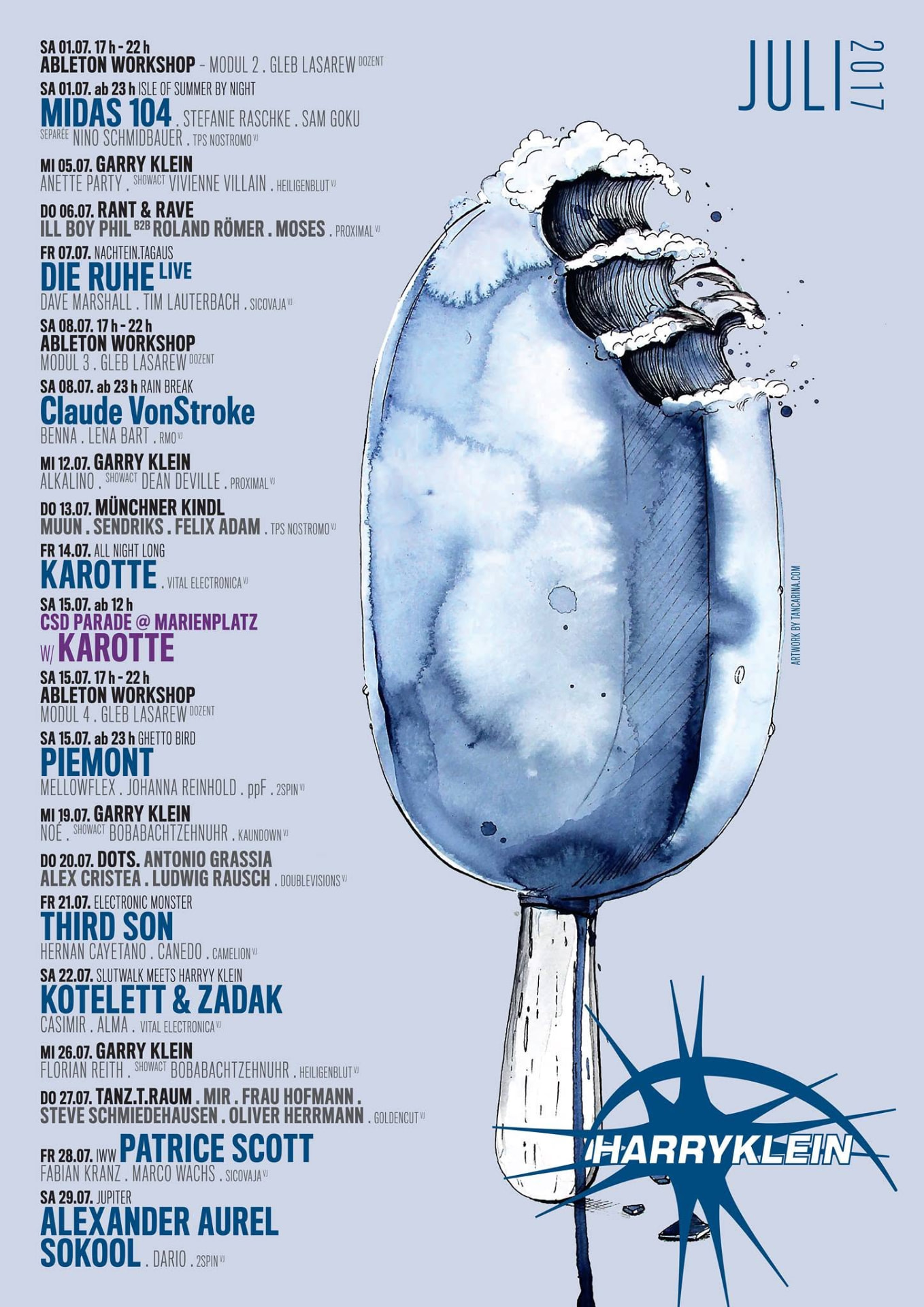 Harry Klein July 2017 programme poster — wave popsicle illustration, DOTS. with Antonio Grassia, Alex Cristea and Ludwig Rausch