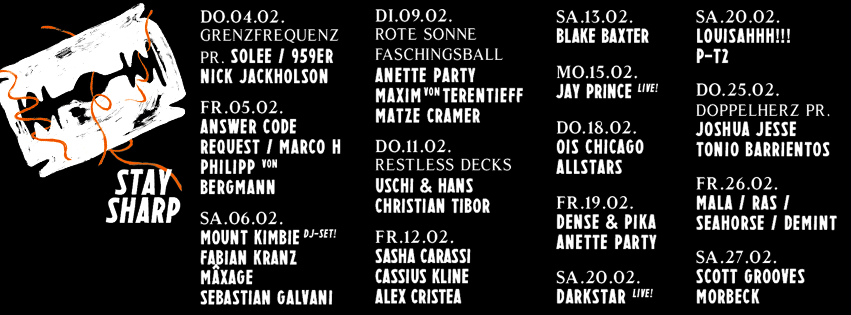 Stay Sharp February programme flyer — Restless Decks with Uschi & Hans, Christian Tibor, Sasha Carassi, Cassius Kline and Alex Cristea
