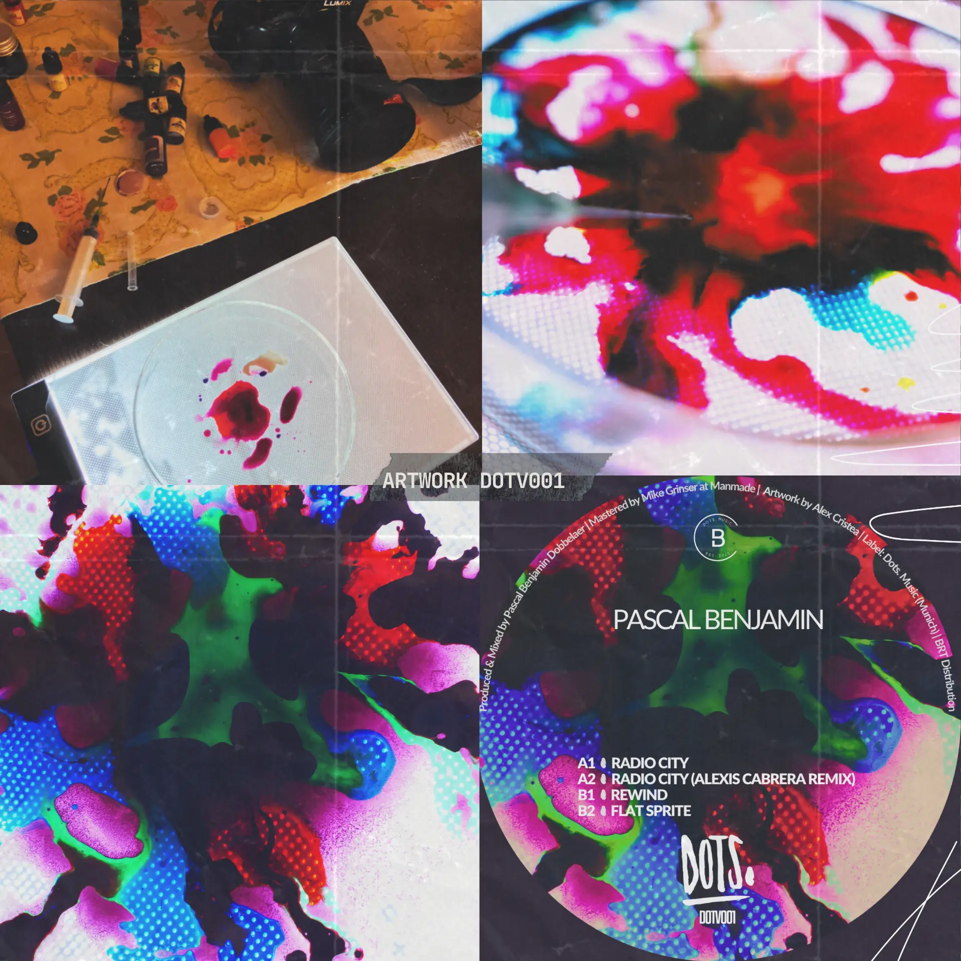 Liquid light artwork board for DOTV001 — worktable with inks, lightbox and vinyl label artwork
