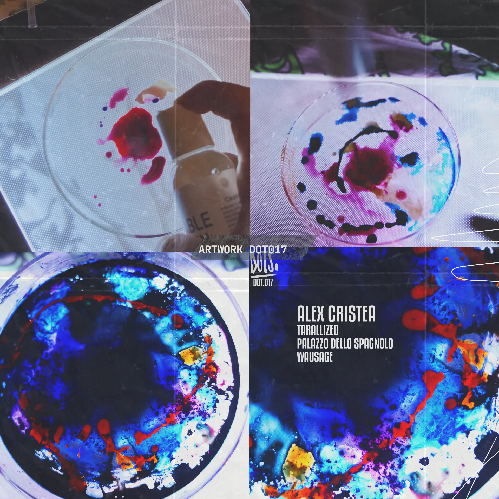 Liquid light artwork board for DOT.017 — Petri dish experiments and finished abstract cover art