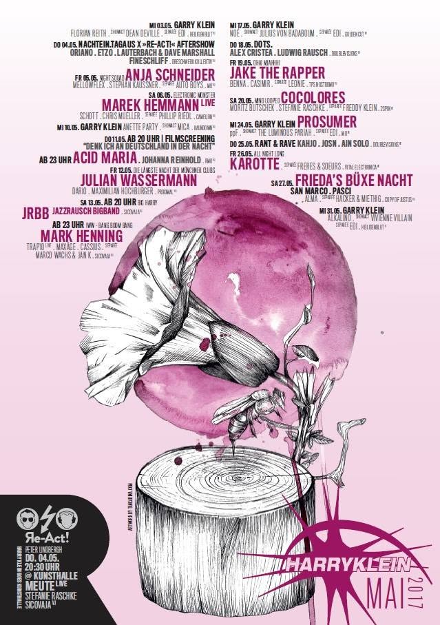 Harry Klein May 2017 programme poster — flower and bee illustration, DOTS. with Alex Cristea and Ludwig Rausch
