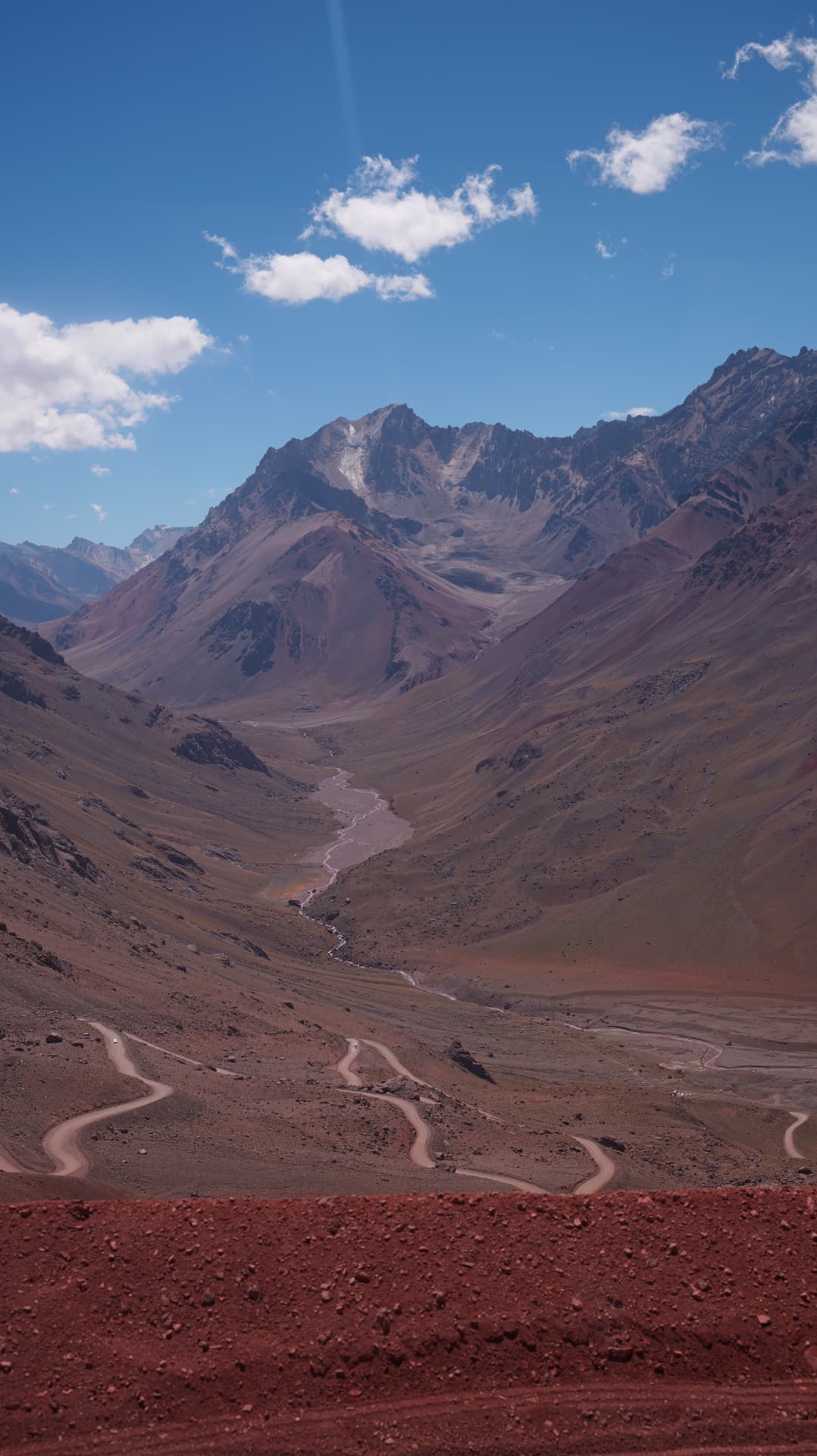 Vertical view of an Andes valley with a river and switchback roads