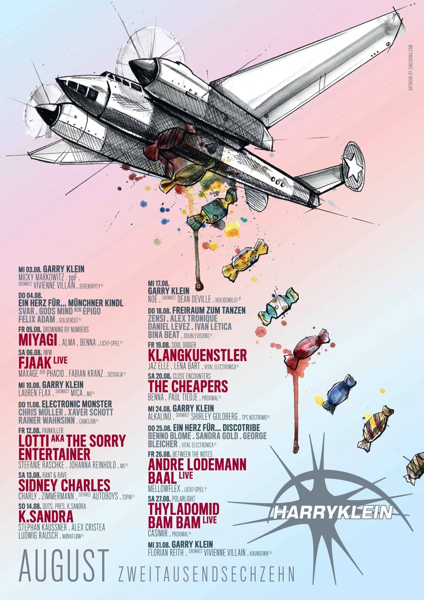 Harry Klein August 2016 programme poster — airplane and candies illustration, DOTS. pres. K.Sandra with Alex Cristea and Ludwig Rausch