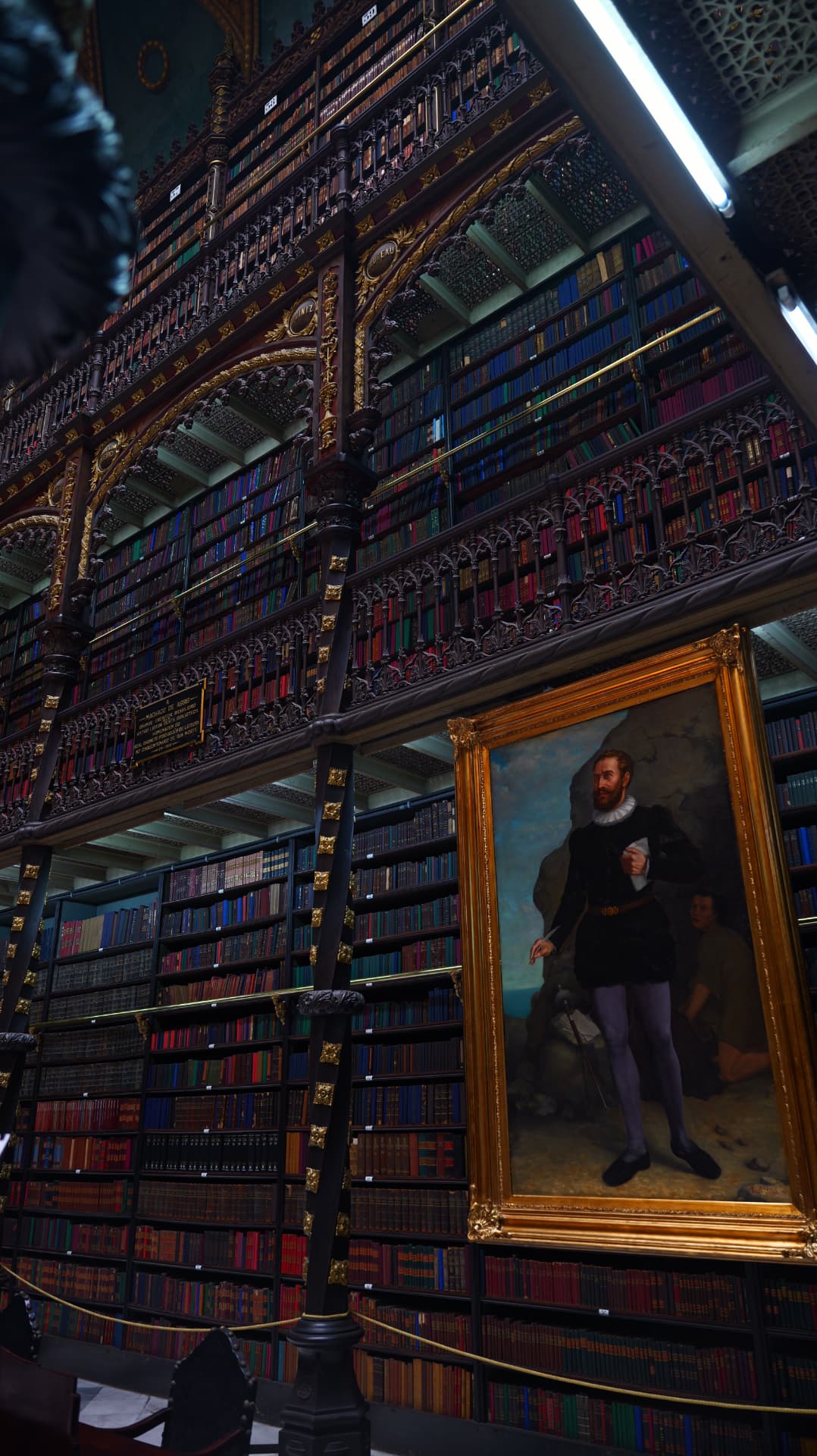Historic reading room with towering carved bookshelves and a gilded painting