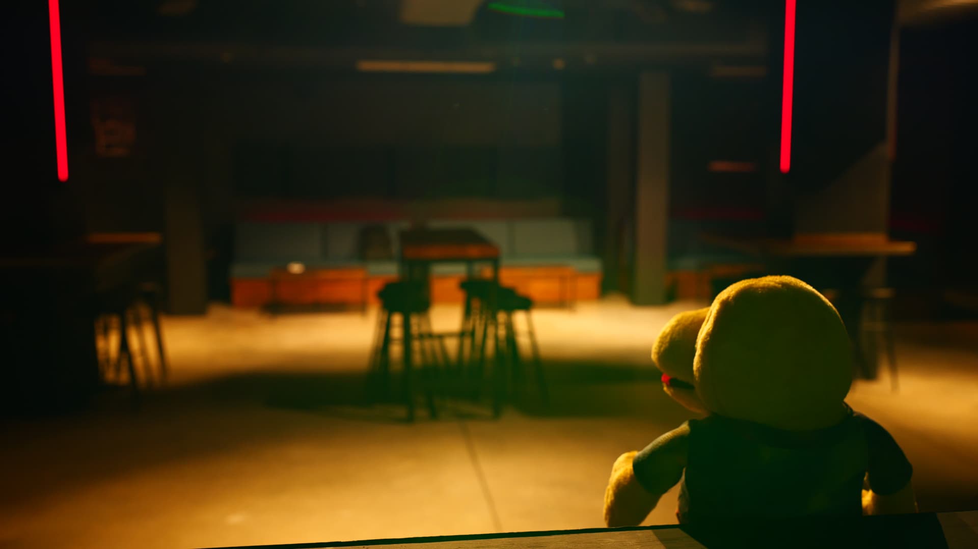 Plush toy seated at a table in an empty bar lit by red neon and warm haze