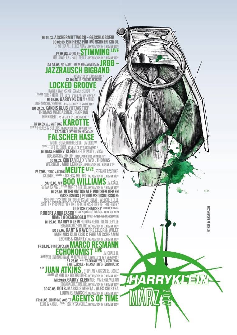 Harry Klein March 2017 programme poster — illustrated beetle and DOTS. with Alex Cristea