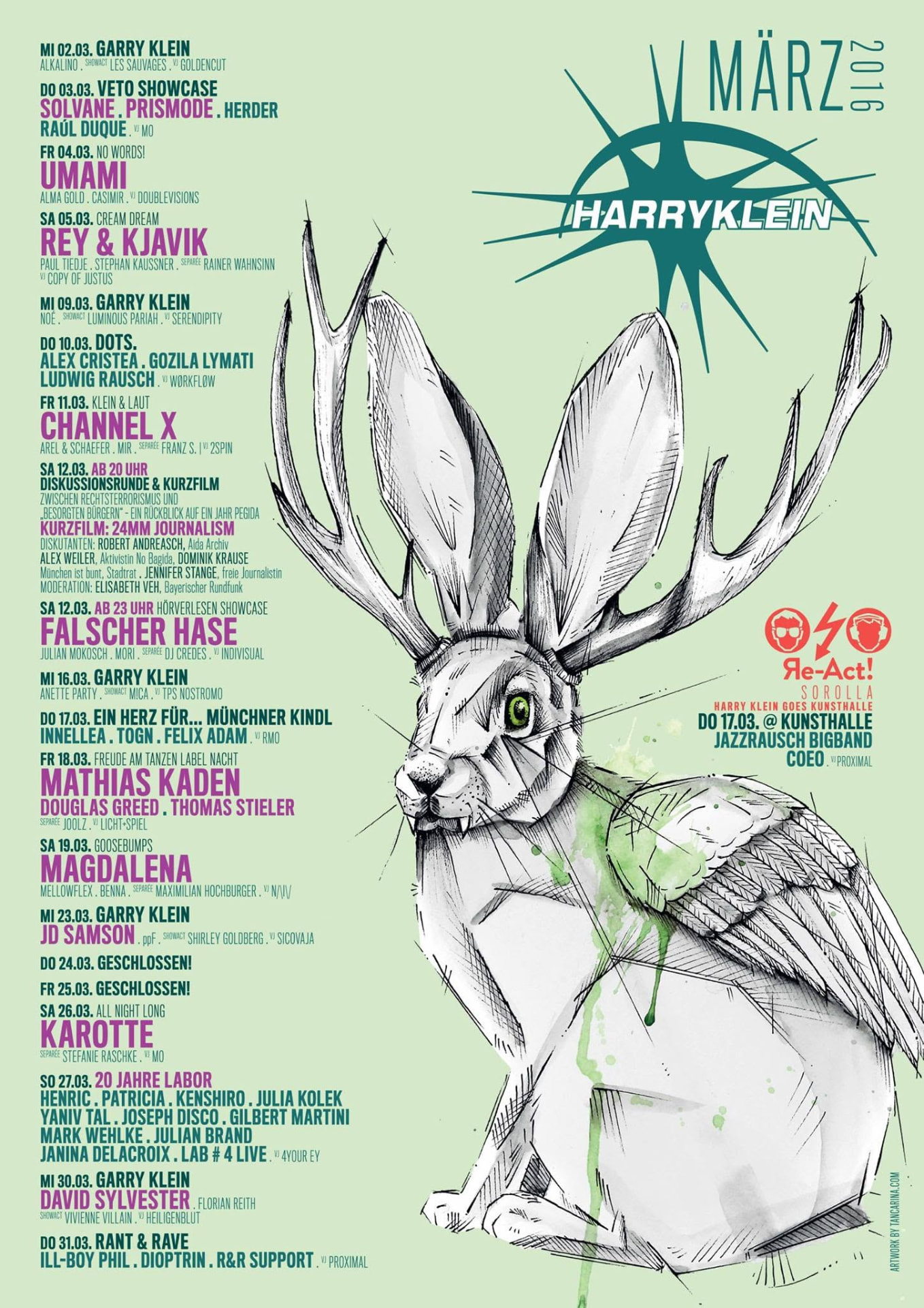 Harry Klein March 2016 programme poster — jackalope illustration, DOTS. with Alex Cristea, Gozila Lymati and Ludwig Rausch