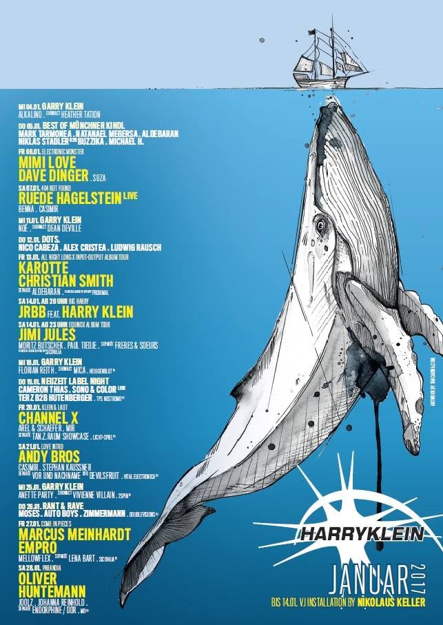 Harry Klein January 2017 programme poster — whale illustration, DOTS. with Nico Cabeza, Alex Cristea and Ludwig Rausch