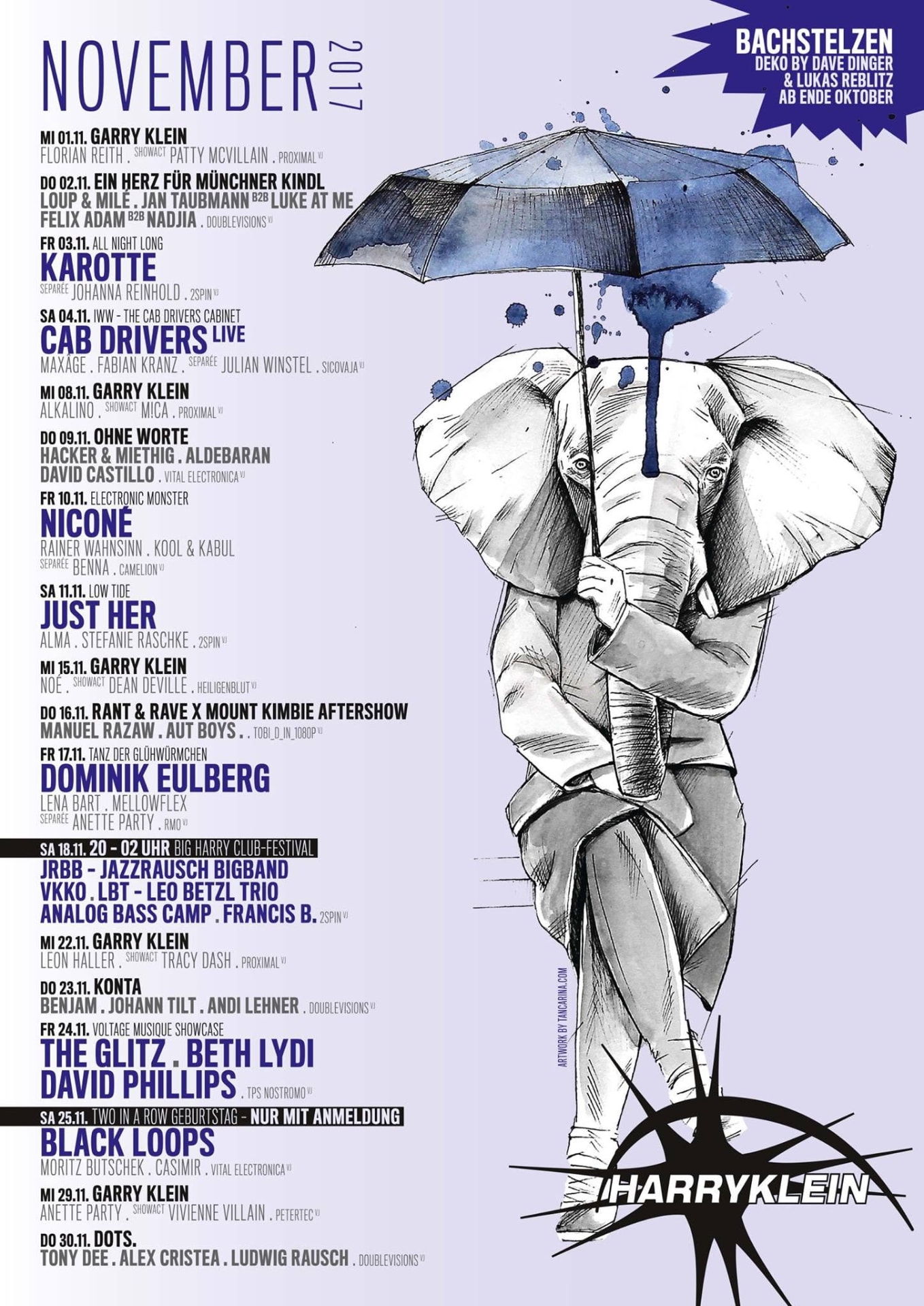 Harry Klein November 2017 programme poster — elephant with umbrella, DOTS. with Tony Dee, Alex Cristea and Ludwig Rausch