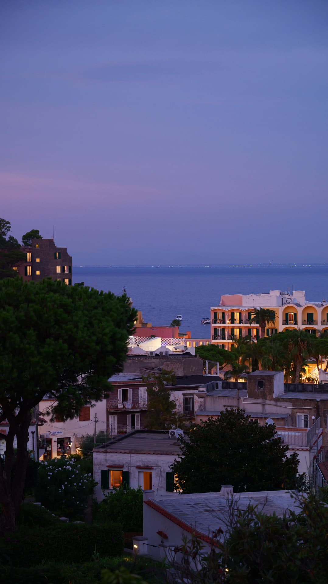 Seaside town with lit windows under a violet dusk sky
