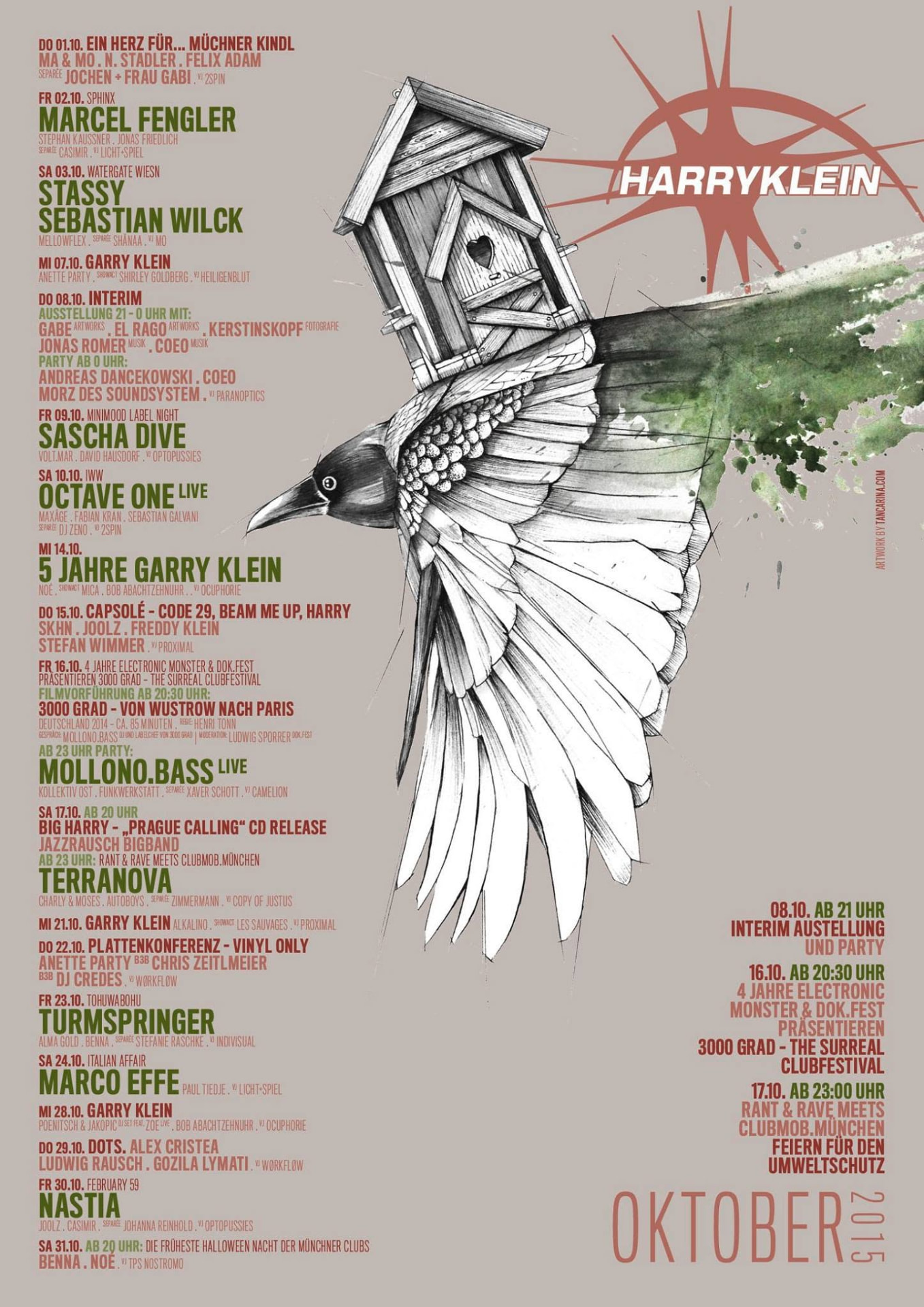 Harry Klein October 2015 programme poster — birdhouse bird illustration, DOTS. with Alex Cristea and Ludwig Rausch