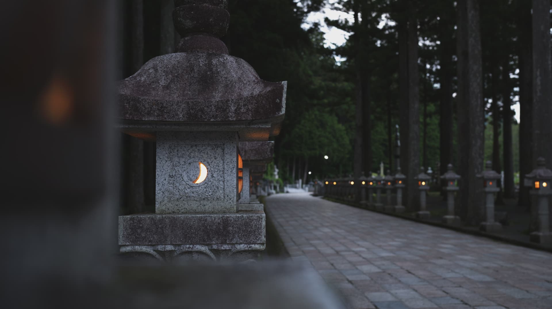 Glowing crescent-cut stone lantern beside a forest path in Koyasan